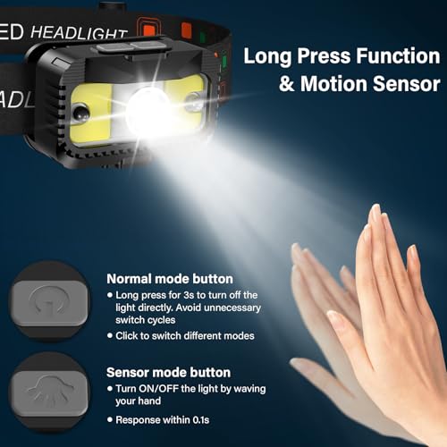 MIOISY Headlamp Rechargeable, Ultra Bright LED Head Lamp Flashlight 2 Pack | White Red Light, Motion Sensor, Waterproof, 8 Modes Headlight for Camping Fishing Running - size: 2 Packs