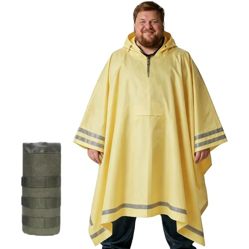 Plus Size Rain Poncho with Hood and Reflective Stripes, Big and Tall Rain Poncho, Ideal as Rain Ponchos for Adults - color: Yellow