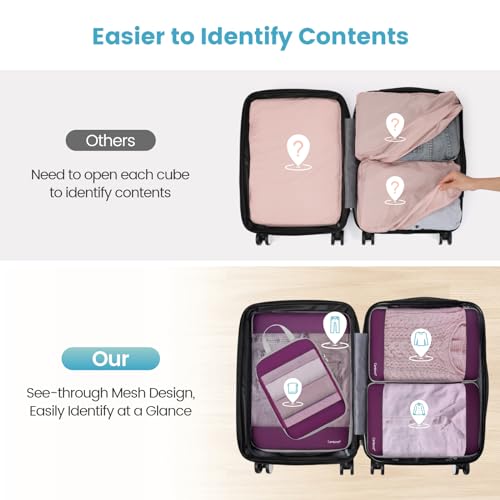 Cambond See Through Mesh Compression Packing Cubes - 4 Piece Expandable Space Saving Packing Cubes for Travel, Lightweight Travel Bags Luggage Packing Organizer Essentials for Suitcases, Purple | Keep Clothes Sorted, See Through Mesh helps quickly find wh
