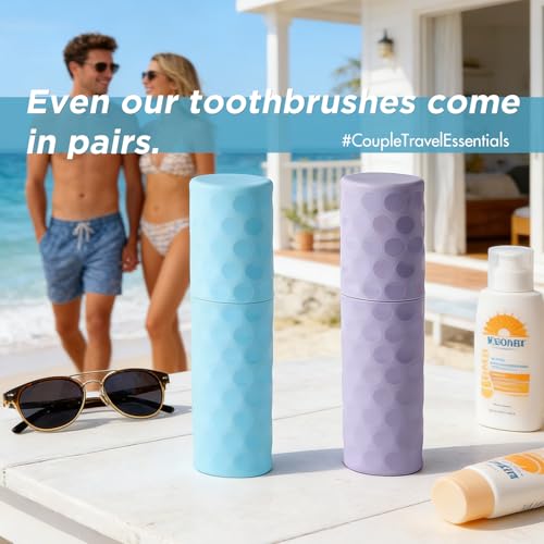 2Pcs Travel Toothbrush Case, Portable Couple Travel Toothbrush Holder with Dot,Toothpaste Container for Home, Travel, Business, Camping, School, 8.1x2.2x1.6 (Purple+Blue) - size: medium size
