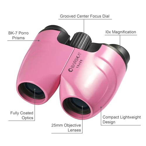 Barska Colorado 10x25 Compact Binoculars – Lightweight Pink Binoculars with BK-7 Porro Prisms, Fully Coated Optics, Center Focus, Ideal for Hiking, Bird Watching & Travel