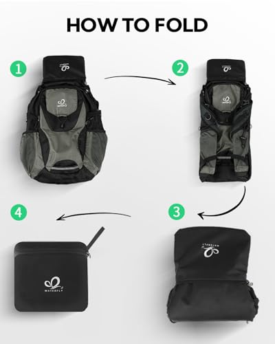WATERFLY Lightweight Packable Hiking Backpack, 30L Day Pack | Foldable, Water Resistant Travel Daypack with Multiple Pockets, Wet Pocket, Ultralight Day Pack for Woman Man, Everyday Carry - color: Black & Grey