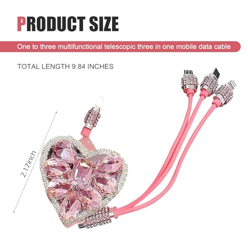 Multi Charging Cable, 3 in 1 Multi Charger Cable with Type-C/Lightning/Micro USB Connectors, Rhinestone Retractable Car Charger Cord, Universal for Most Phones, Tablets (Pink) - color: Pink