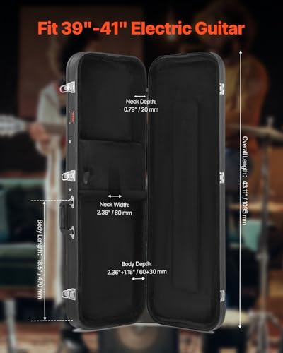 VEVOR Electric Guitar Hard Case, 43.11 in Rectangular Guitar Hard Case, With Lock Latch Keys Handle, PVC Padding Soft Lining Water-Resistant Hard Shell Guitar Cases, for 39 in Electric Guitars, Black | 43.11 Inch Hard-Shell Case with PVC Padding Soft Lini