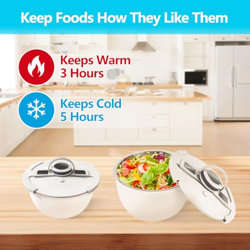 Double-Walled Stainless Steel Insulated Serving Bowl with Leak - Proof Lid - Insulated Casserole Dish - Keeps Food Warm and Cold for Hours - Perfect for Holidays, Parties, Camping - (2Q, White) - color: White, size: 2QT