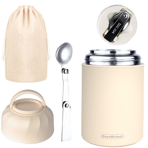 Thermo for Hot Food & Drinks, Thermo Lunch Box, 17oz Vacuum Insulated Food Container with Spoon&Drawstring Bag, Soup Thermo for Adults, White - color: White