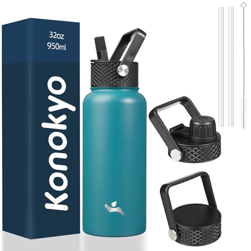 Konokyo 32 oz Insulated Stainless Steel Water Bottle with Straw Lid - color: Light Blue, size: 32 Ounces