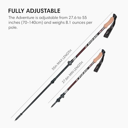 Fizan Adventure Trekking Poles – Ultralight, Backpacking, Thru Hiking Poles, Adjustable, Collapsible, Customized Fit, Cork Grips, Aluminum Walking Sticks