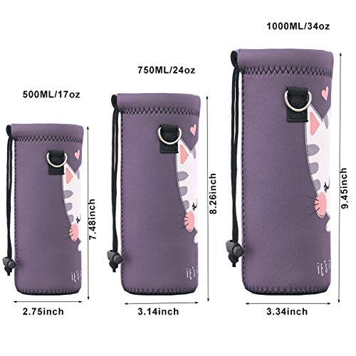 RICHEN Neoprene Water Bottle Carrier Bag with Adjustable Shoulder Strap,Insulated Water Bottle Cover for Stainless Steel/Glass/Plastic Bottles - color: Cute Cat, size: 500ml
