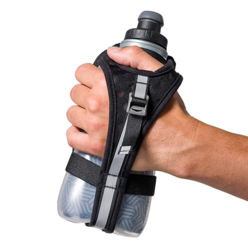 Nathan SpeedDraw 2 Insulated Handheld Running Water Bottle Flask 18oz – Double-Wall Insulation, Ergonomic Grip, Blast Valve Cap, Phone & Key Storage Pockets, Reflective Design - color: 18oz Clearview - Black