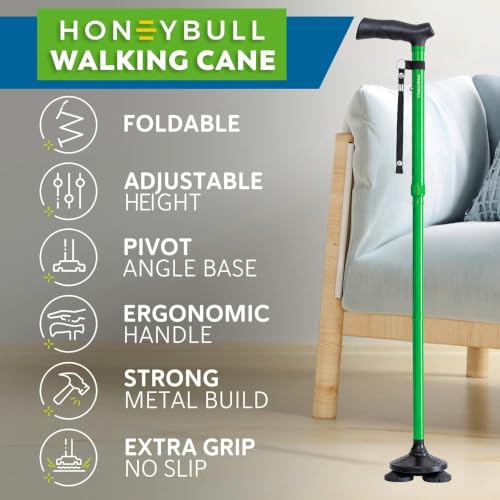 HONEYBULL Walking Cane for Men & Women, Foldable Free Standing Cane | Adjustable Height, Collapsible Design, Heavy-Duty, Pivot Base for Stable Support, Ergonomic Handle - color: Green
