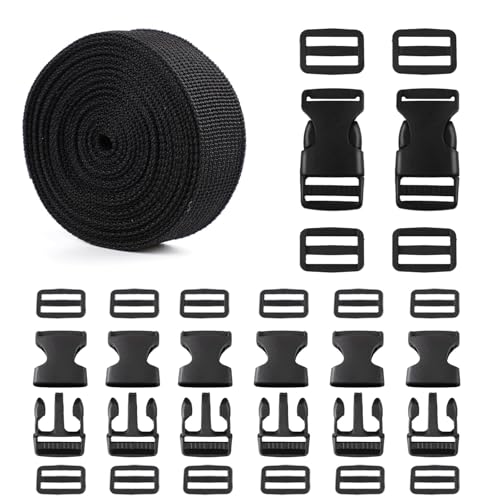 Strap and Buckles kit - 18 ft Nylon Webbing 1 inch wide, 8 Pack Quick Release Buckle, 16 pieces Tri-Glide Slide Clips, Black Stylish Plastic Buckles for Strips 1 inch Set, Adjustable Non-sewing