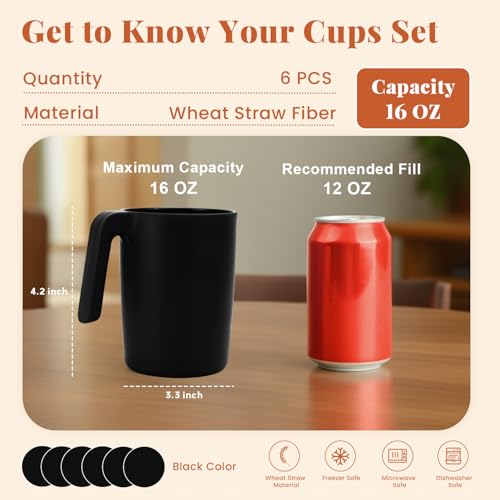 Homienly Unbreakable Coffee Mug Set - 6 Wheat Straw Reusable Cups | Dishwasher Safe Drinking Glasses | Alternative to Plastic Mugs & Glass Cups 16 oz for Camping, Kitchen (Black) - color: Black-Handle, size: 16 Ounces