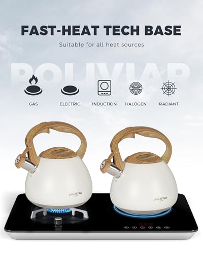 POLIVIAR Tea Kettle, 2.7 Quart White Finish with Wood Pattern Handle Loud Whistle Food Grade Stainless Steel Teapot, Anti-Hot Handle and Anti-Rust, Suitable for All Heat Sources JX2025-BW30 - color: White, size: 2.7 Quarts