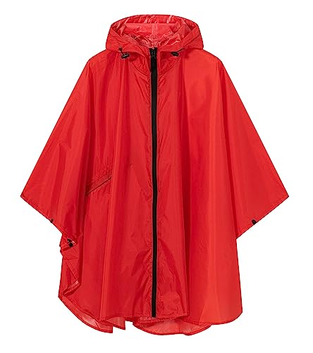 SaphiRose Lightweight Kids Rain Poncho Waterproof Jacket Zipper Up Rain Coat - color: Red, size: 9-13 Years