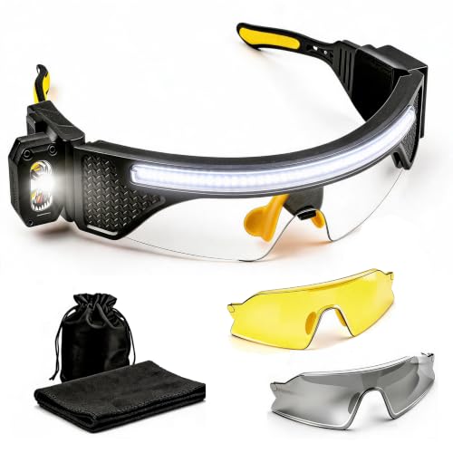 LED Glasses Rechargeable Headlamp with Motion Sensor, 3 Interchangeable Lenses (Clear/Yellow/Gray), Dual Adjustable Spotlights (White/Yellow), Strobe Mode, 3.07 oz, USB C for Camping Fishing Hiking