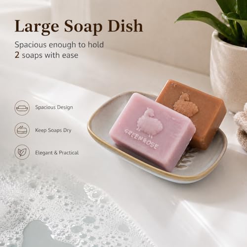 Miamolo Soap Dish Bar Cleaner Dish for Shower, Ceramic Soap Dishes for Large Soap Bar Shampoo or Sponge, Shower Soap Dish Soap Saver Tray for Bathroom Kitchen Sink, Easy to Clean - color: Beige, size: Leaf Design