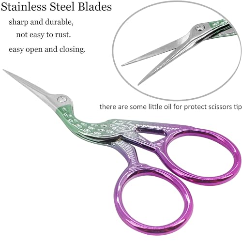 BIHRTC 3.6" Precision Crane Scissors,Stainless Steel with Leather Cover | 3.6 Inch Small Scissors for Embroidery,Scrapbooking,Detailed Craft Work,Sewing,Needlework - color: Green Pink, size: 3.6inch