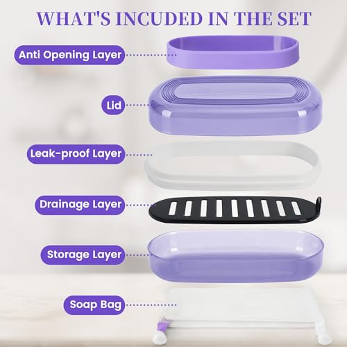 Shampoo Bar Holder and Soap Case, Leakproof Travel Container with Lid & Drain Tray, Includes Silicone Strap and Soap Bag, Compatible with Kitsch Solid Shampoo & Conditioner Bars(Grape Purple, Large) - color: Grape Purple Style A-large