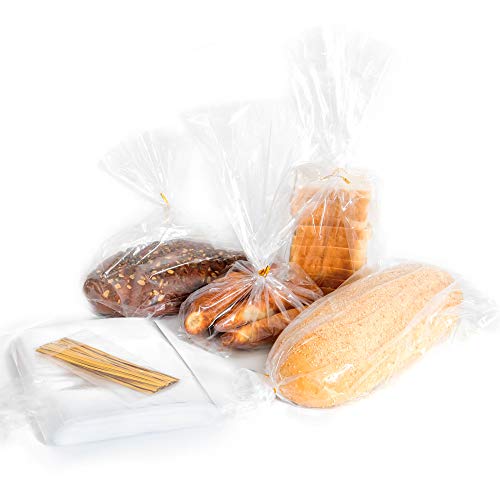 Reusable Bread Bags with Ties, Clear, 200 Bags and 200 Ties, For Homemade Bread and Bakery Loaf, Adjustable (200)