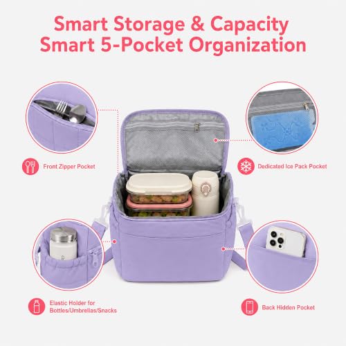 Insulated Lunch Bag for Women, Quilted Leakproof Lunch Tote with Shoulder Strap, Wide Opening Reusable Cooler Bag for Work, Office, Picnic & Travel (Lavender) - color: Lavender