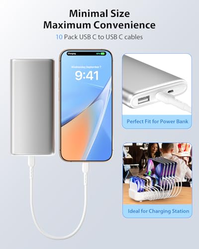 SOOPII 10-Pack Short USB C to USB C Cables,8 Inch/0.7Ft 60W Type C Fast Charging Cables,Compatible with lPhone,Galaxy,lPad,MacBook,Charging Station and Power Bank Accessory(White) - color: White, size: C to C-10P(60W)