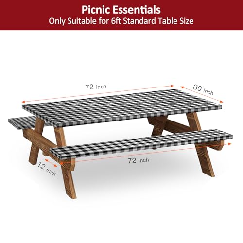 6ft 72" Picnic Table and Bench Cover, 3 Pack, Black-White Checkered | Drawstring Bag, Waterproof Windproof, Elastic Fitted Edges Tablecloth, for Rectangle Table & Seat, Camping Essentials RV Gear - color: Black-white Checkered, size: 72"