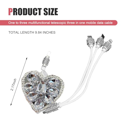 Multi Charging Cable, 3 in 1 Multi Charger Cable with Type-C/Lightning/Micro USB Connectors, Rhinestone Retractable Car Charger Cord, Universal for Most Phones, Tablets (White) - color: White