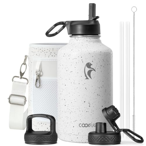 Half Gallon Water Bottle Insulated with Straw&3 Lids, Coolflask 64 oz Water Jug Galaxy Large Metal Stainless Steel flask for Gym, Sports and Office, Keep Cold 48H Hot 24H, Arctic White | 64 oz Large Water Jug Stainless Steel Triple-Wall, Cold 48+h/Hot 24+