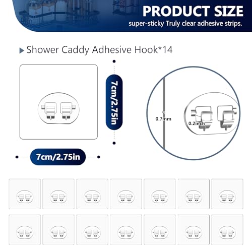 14-Pack Shower Caddy Adhesive Single Hooks for Replacement, Shower Holder Organizer Self Adhesive Wall Hooks for Bathroom Corner Shelf Basket Soap Dish - color: Transparent-14 Pack