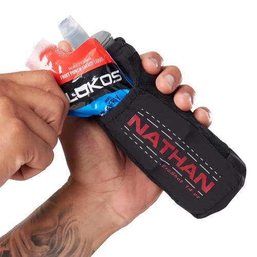 Nathan ExoDraw & ExoShot 2.0 Flask, Handheld Water Bottle for Marathons, Hiking, Ultra Running and Outdoor Activity - color: Black/Ribbon Red, size: 14 Ounces