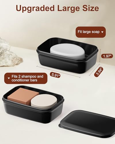 Quatish Leakproof Large Soap Dish with Lid & Draining Layer, Shatterproof Travel Bar Soap Holder Case Container, Portable Travel Size Toiletries Essentials for Camping, Gym, Bathroom, Black - color: Black, size: Large