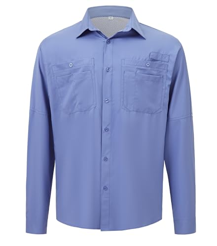 Ousafeve Men’s Fishing Shirts Long Sleeve Safari Button Down Shirts | Regular Fit, UPF 50+, Quick dry Cooling,Hiking, Safari, Travel Camping for Men - color: Light Blue, size: 3X-Large