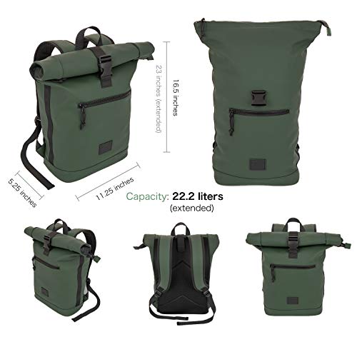 X RAY Roll Top Laptop Backpack for Men Women, PU Leather Expandable Roll Up Backpack Capacity Adjustable 22L & Fits 15.6" Laptop, Dark Olive - color: Dark Olive