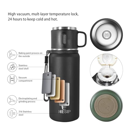Stainless Steel Insulated Bottle, 33oz with cup Vacuum Insulated Water Bottle, Thermo for Hot Drinks/Cold Drinks,24-Hr Insulation Commute, Travel - color: Black, size: 33 Ounces