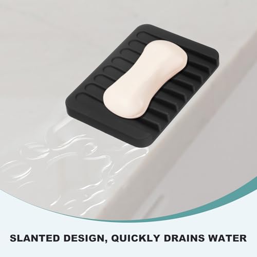uxcell 2 Pcs Self Draining Silicone Soap Dish, Soap Tray with Drainage for Bathroom Shower Kitchen Sink, 4.5" x 3.1" x 0.4", Black - color: Black