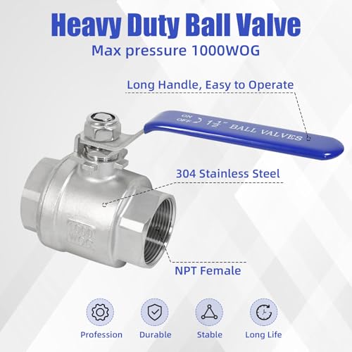 YADIAN 2 Pack 1-1/2'' Ball Valve NPT Female Full Port 304 Stainless Steel 1-1/2 inch Ball Valve Heavy Duty Shut Off Valve for Water, Oil, and Gas with Blue Locking Handles, 1000 WOG - size: 1-1/2'' NPT