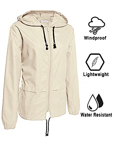 Avoogue Raincoat Women Lightweight Waterproof Rain Jackets Packable Outdoor Hooded Windbreaker - color: Beige, size: Small