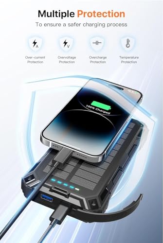 Solar Power Bank,49800mAh Portable Charger Wireless Charging USB-C 15W Fast Charging with 4 Built-in Cables LED Flashlight Battery Pack Compatible with iPhone, iPad, Galaxy, Perfect for Camping/Hiking
