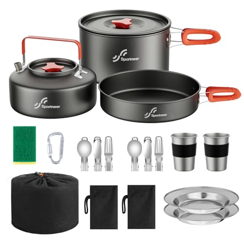 Sportneer Camping Cookware Set, 18Pcs Non-Stick Lightweight Pots, Pan, Kettle with Stainless Steel Cups, Plates, Forks, Knives & Spoons for Camping, Backpacking, Hiking, Outdoor Cooking & Picnic