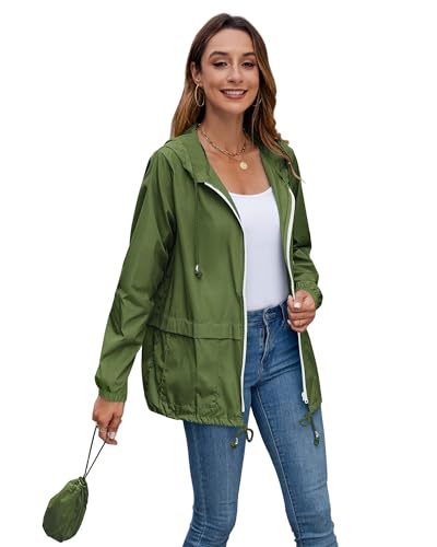 Hount Women Rain Jacket Lightweight Waterproof Packable Raincoat with Hood - color: Army Green, size: Large