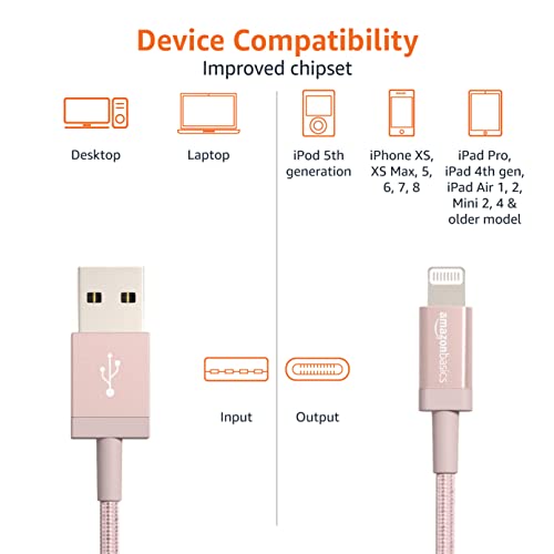Amazon Basics USB-A to Lightning Cable, Apple MFi Certified, Nylon Braided Cord for iPhone 14 13 12 11 X Xs Pro, Pro Max, Plus, iPad, Data Sync, High Speed Transfer, 3 Foot, Rose Gold - color: Rose Gold, size: 3 Feet, style: 1-Pack