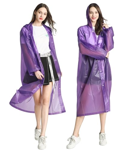 HLKZONE Raincoat, 2 Pack Rain Ponchos for Adults Travel Rain Jacket Packable Rain Coats for Women with Drawstring Hood - color: G-purple