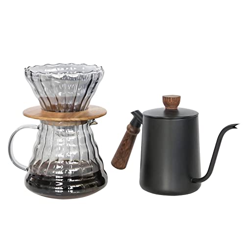 SOTECH Pour Over Coffee Maker Set with Black Gooseneck Kettle Wooden Storage Tray Coffee Dripper Glass Server Coffee Scoop DIY Manual Coffee Maker Set (Portable Sack Set) (coffee maker set) - color: coffee maker set