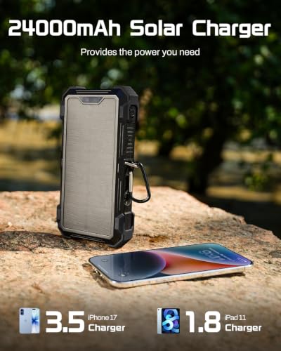 GOODaaa Solar Power Bank 24000mAh, Portable Charger with 4 Built-in Cables, Fast Charging 5 Outputs 2 Inputs Battery Pack, Thermometer & SOS Flashlight for iPhone 17/16, Samsung, All Cell Phones - color: Deep Black