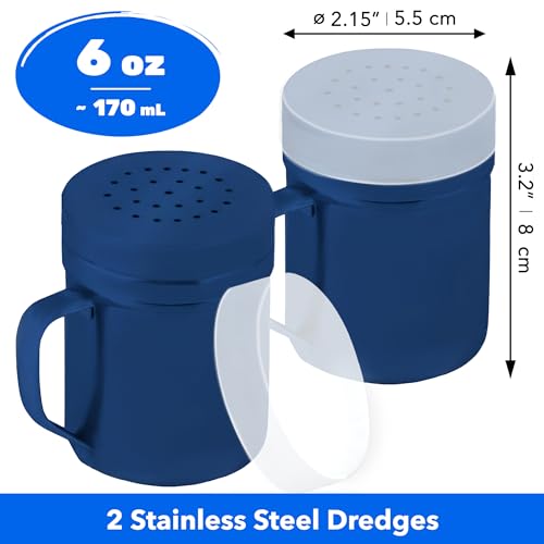 CUSINIUM 6oz Navy Blue Stainless Steel Salt Pepper Dredge Shakers - With Plastic Cap - With Handle - Pack of 2 - color: Navy Blue, size: 6 Oz