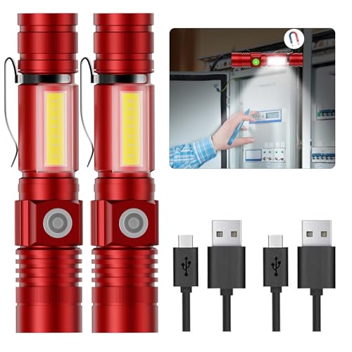 Hoxida Rechargeable Mini LED Flashlight, Magnetic COB Sidelight, Red - color: Red