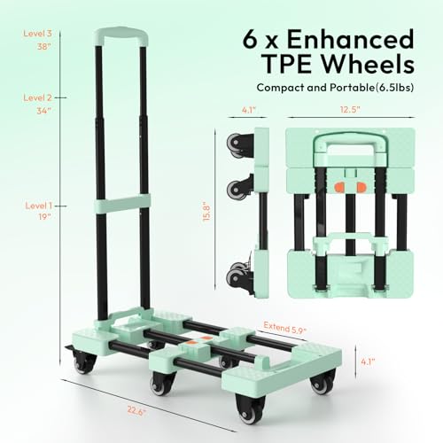 Voipvvii Folding Hand Truck 500lbs, Portable Heavy Duty Dolly Cart, 6 Wheels Collapsible Luggage Cart with 2 Elastic Ropes - Compact Trolley Cart for Easy Moving - Ideal Hand Cart for Travel and More - color: Green