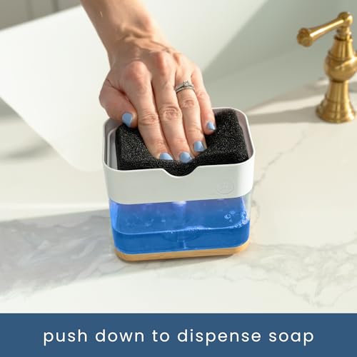S&T INC. Dish Soap Dispenser and Sponge Holder, Plastic Bamboo and White - color: White and Bamboo