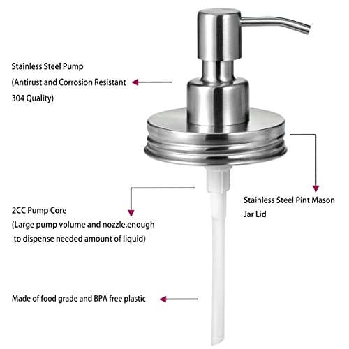 Amolliar Mason Jar Liquid Soap Dispenser Pump Lid, Brushed Nickel 6 Pack | Stainless Steel Soap Pump 16oz Regular Mouth Jar, Farmhouse Decor, Hand Soap, Dish Soap, Lotion Soap Lid, Extra 3 Long Tubes - color: Brushed Nickel, size: 6 Pack
